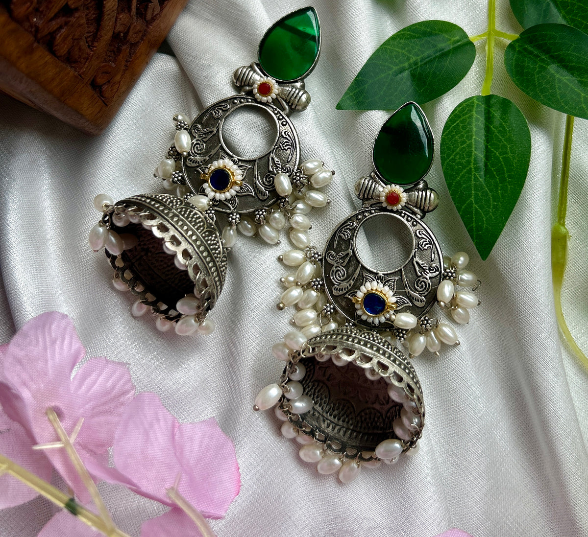Green Silver Oxidised Jhumka — view 2