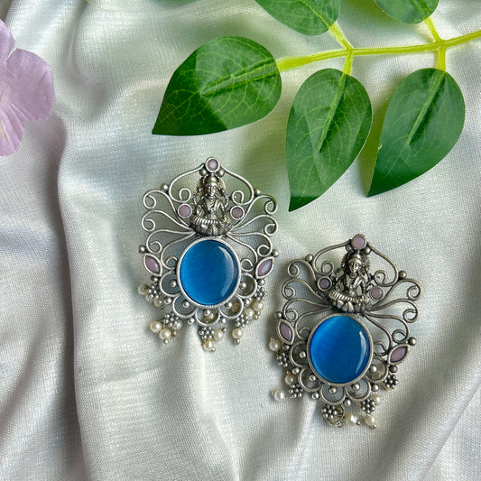Blue Silver Oxidised Earrings