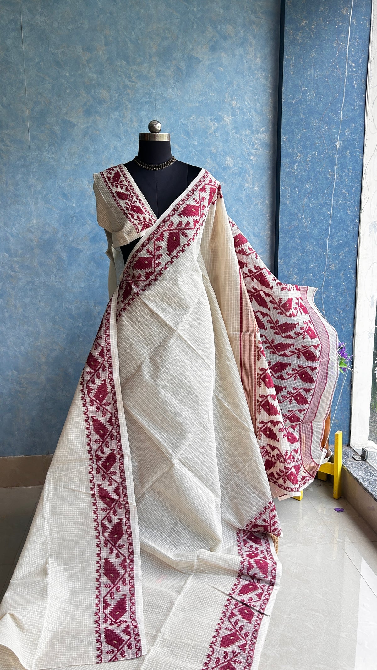 Off-White Maroon Traditional Jamdani