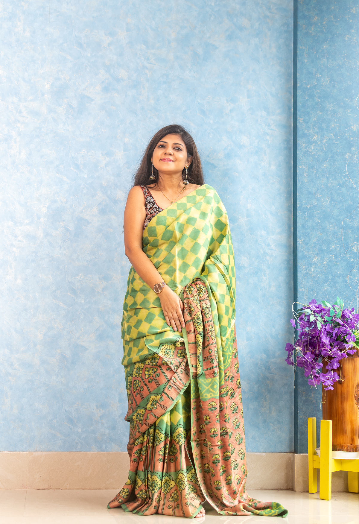 Lime Yellow Modal Tussar Ajrakh Saree — view 5