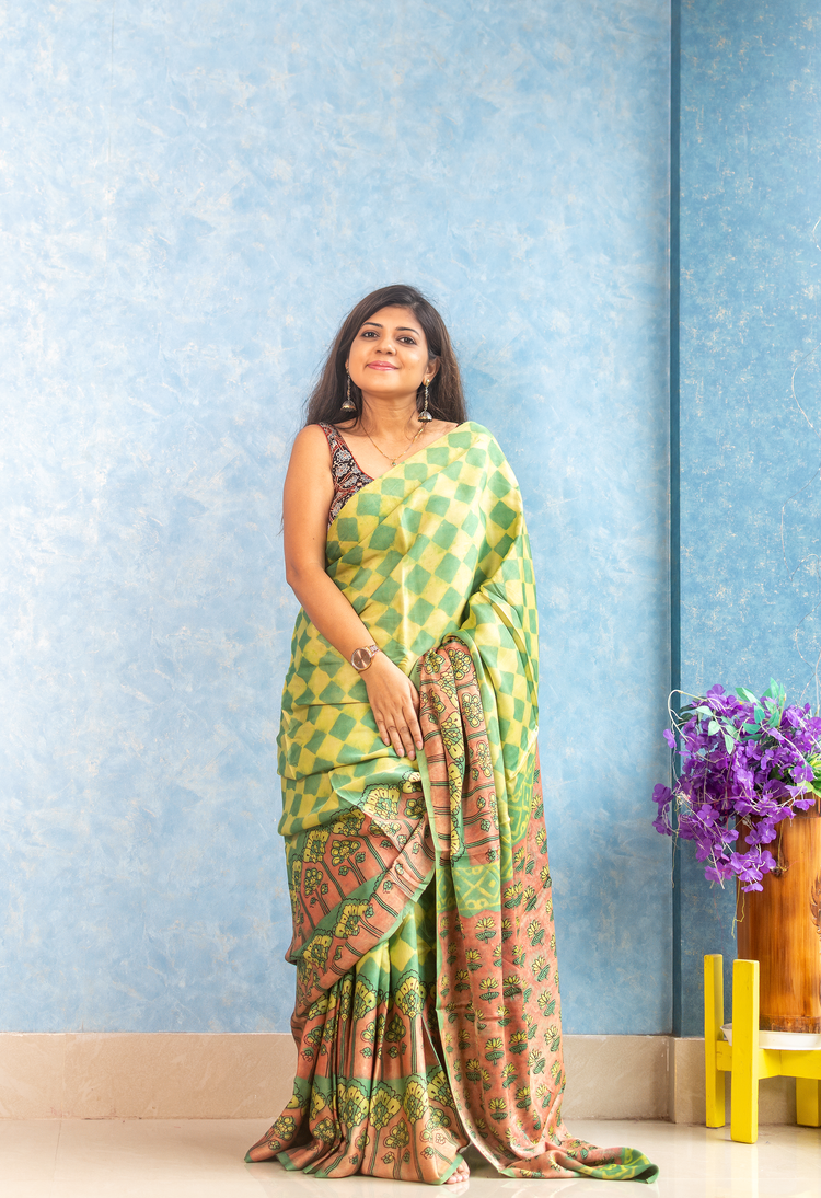 Lime Yellow Modal Tussar Ajrakh Saree