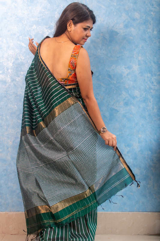 Pine Green Handwoven Maheshwari Sari