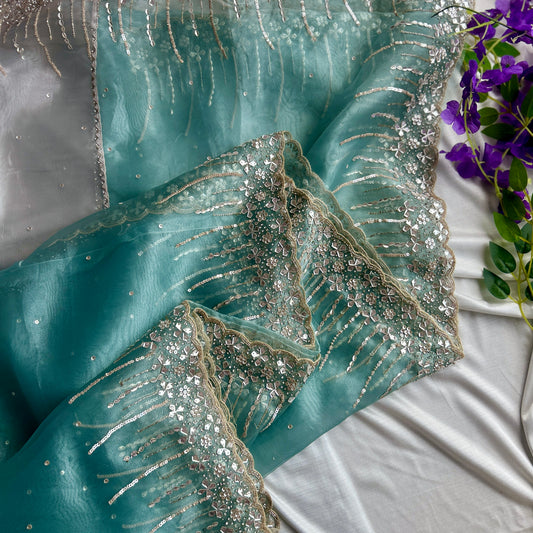 Aqua and Perl Colour Hand Embroidery on Organza Sari