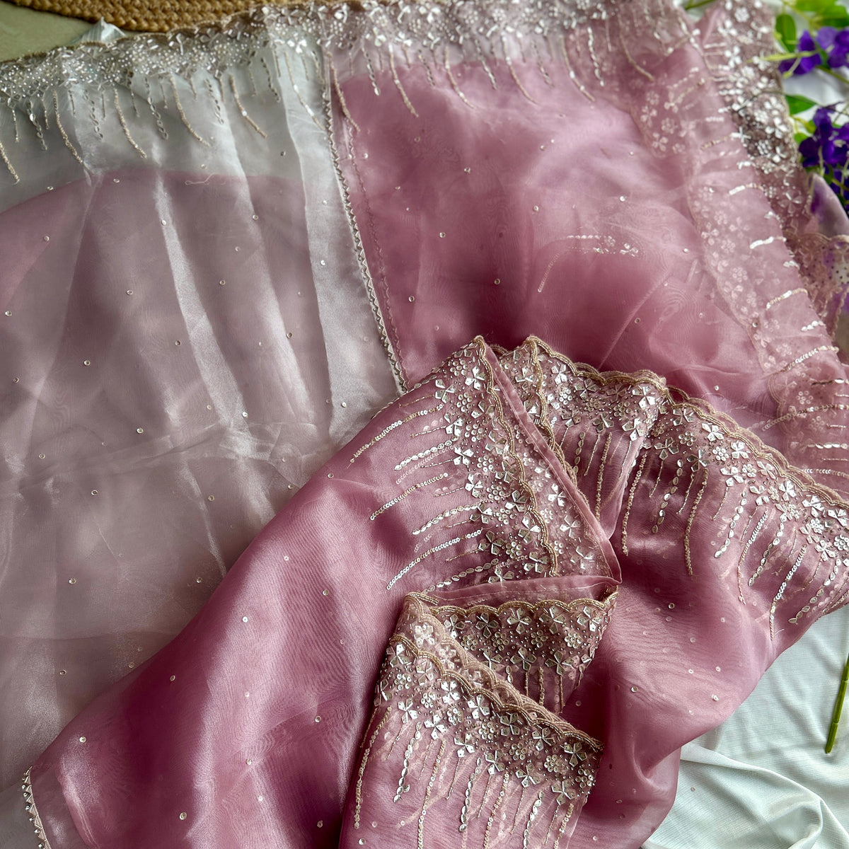 Plum and Perl Colour Hand Embroidery on Organza Sari — view 5
