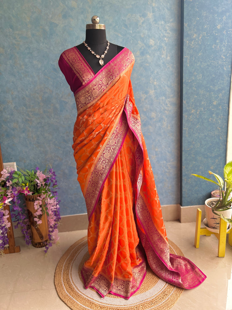 Pink Orange Shaded Crepe Banarasi Sari