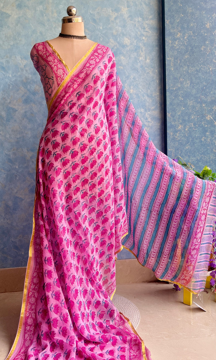 Pink Chiffon Handblock Printed Saree