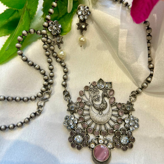 Peacock Pink Stone Oxidised Necklace Set