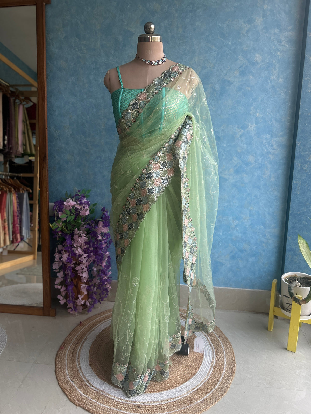 Pistachio Designer Net Sari — view 2