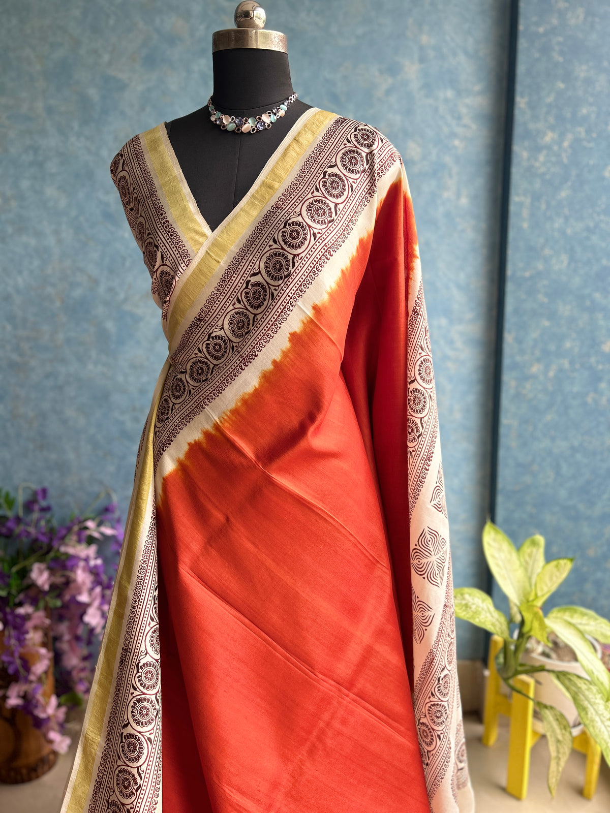 Neo Orange Handblock Bishnupuri Silk Sari — view 3