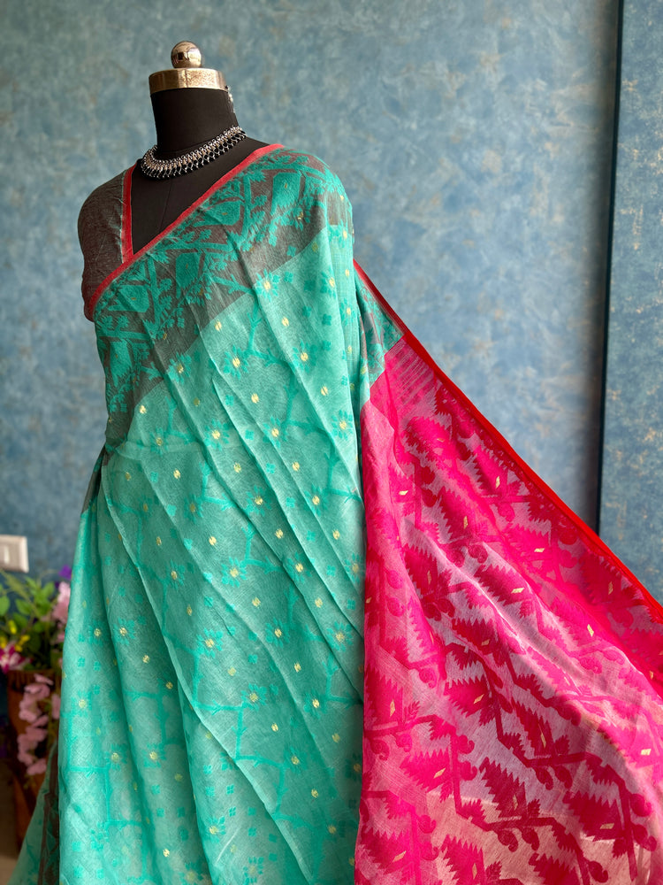 Turquoise and Pink Soft Dhakai Jamdani