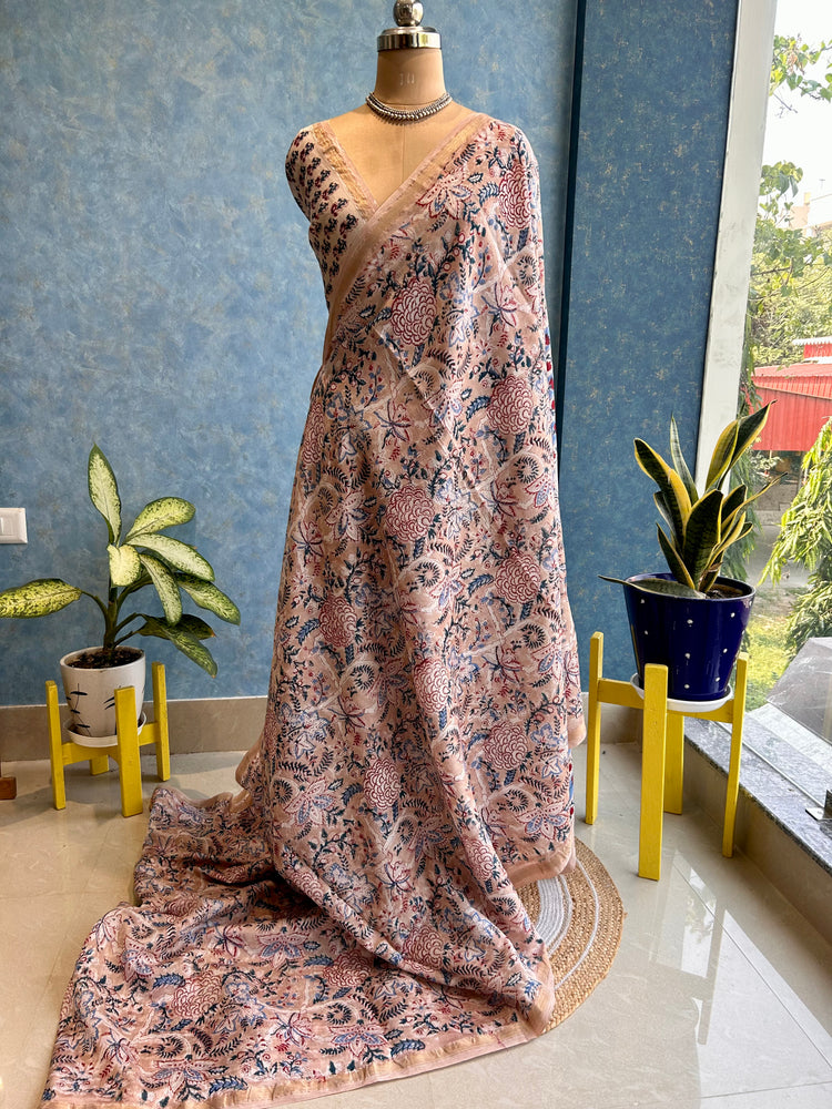 Tan Hand Block Printed Chanderi Sari