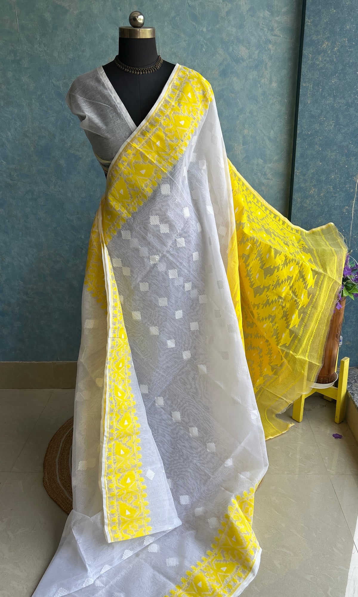 White - Yellow Bengal Cotton Jamdani