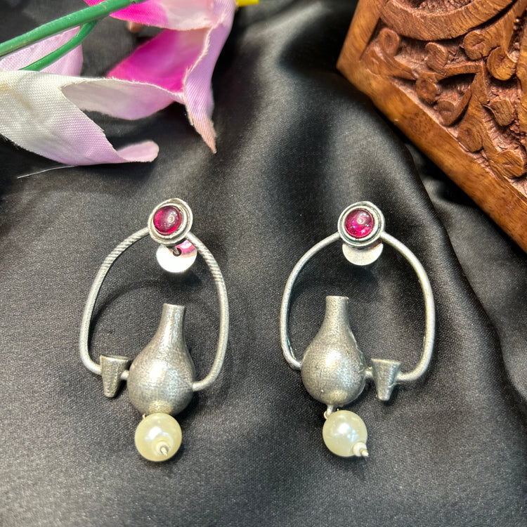 Pink Stone Silver Oxidised Earrings
