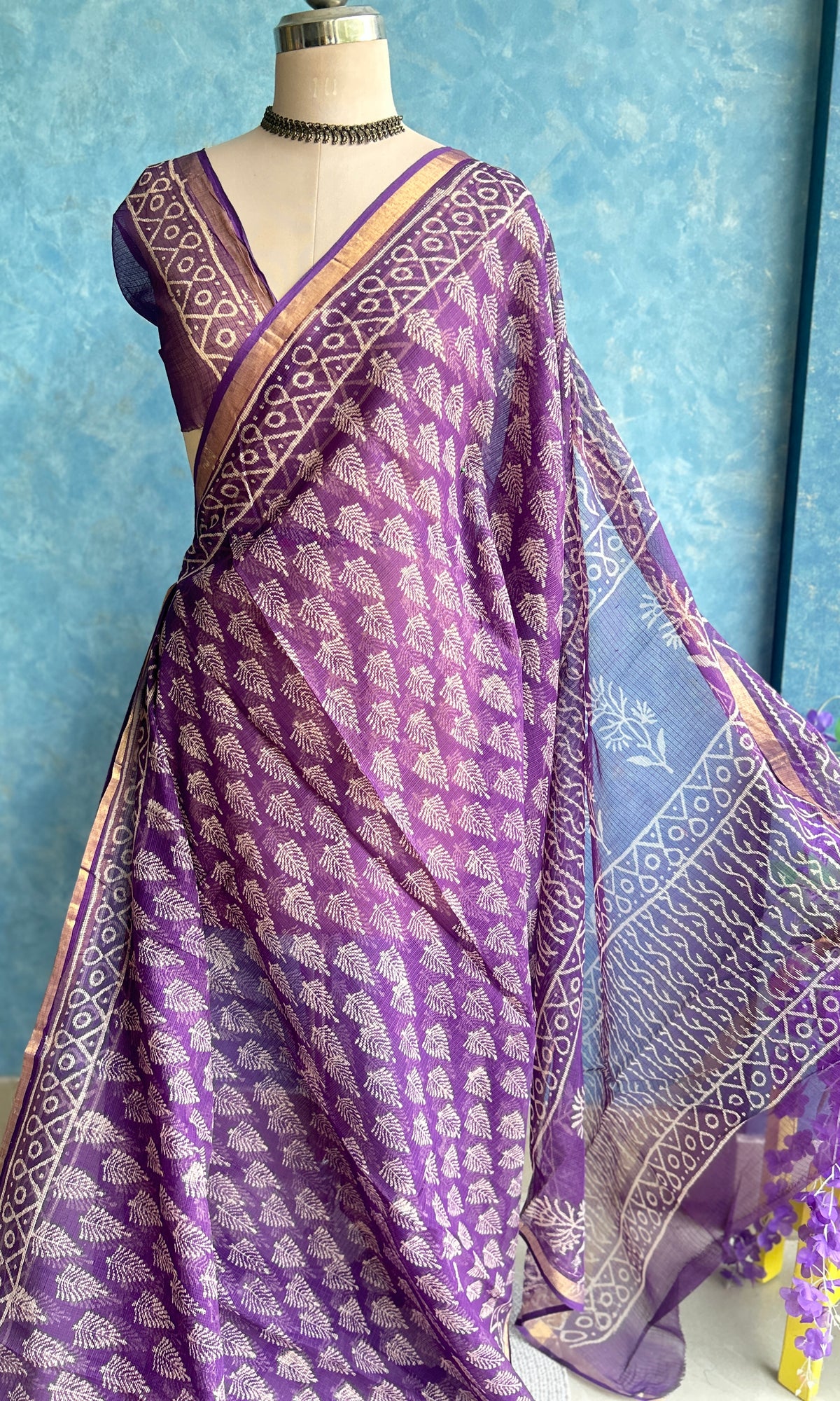 Purple HandBlock Printed Kota Sari — view 4