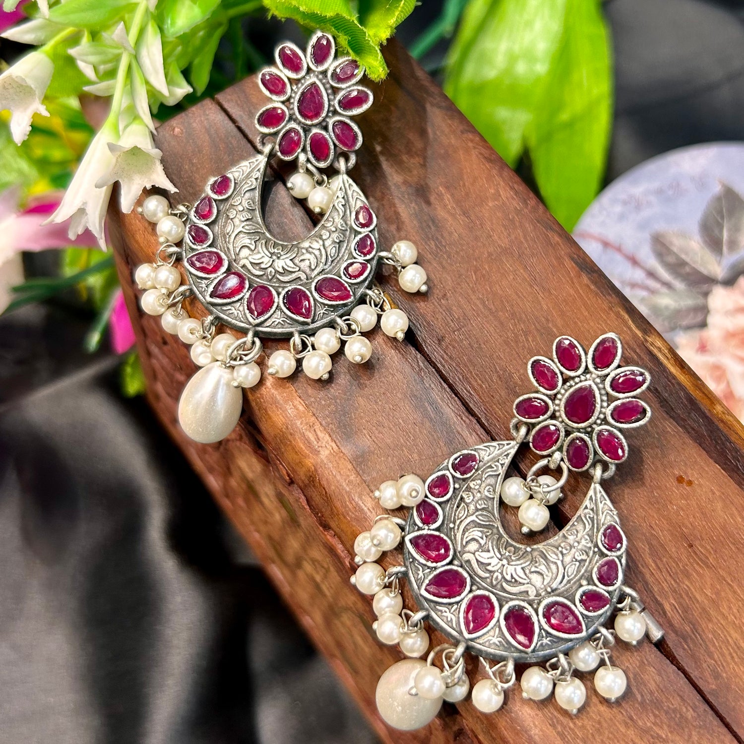 Pink Stone Oxidised Earring — view 2
