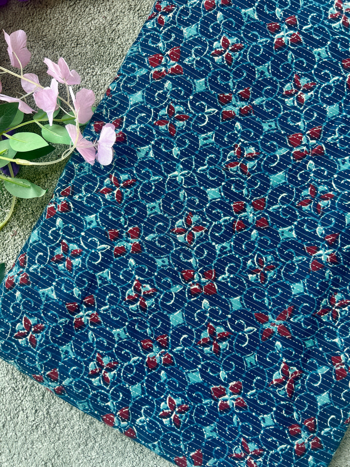 Prussian Ajrakh Print with kantha stitch on Cotton Fabric
