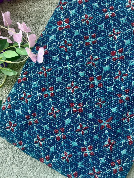 Prussian Ajrakh Print with kantha stitch on Cotton Fabric