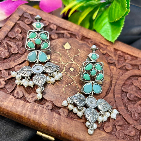 Pastle Green Silver Oxidised Earrings