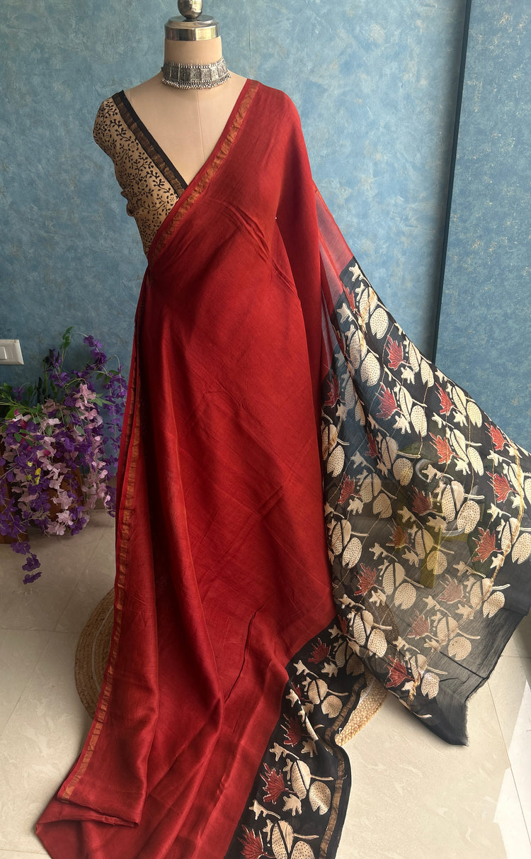 Royal Maroon Hand Block Printed Chanderi Sar
