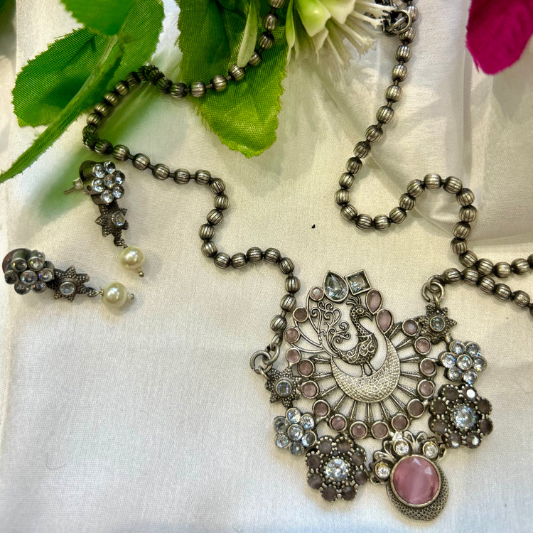 Peacock Pink Stone Oxidised Necklace Set