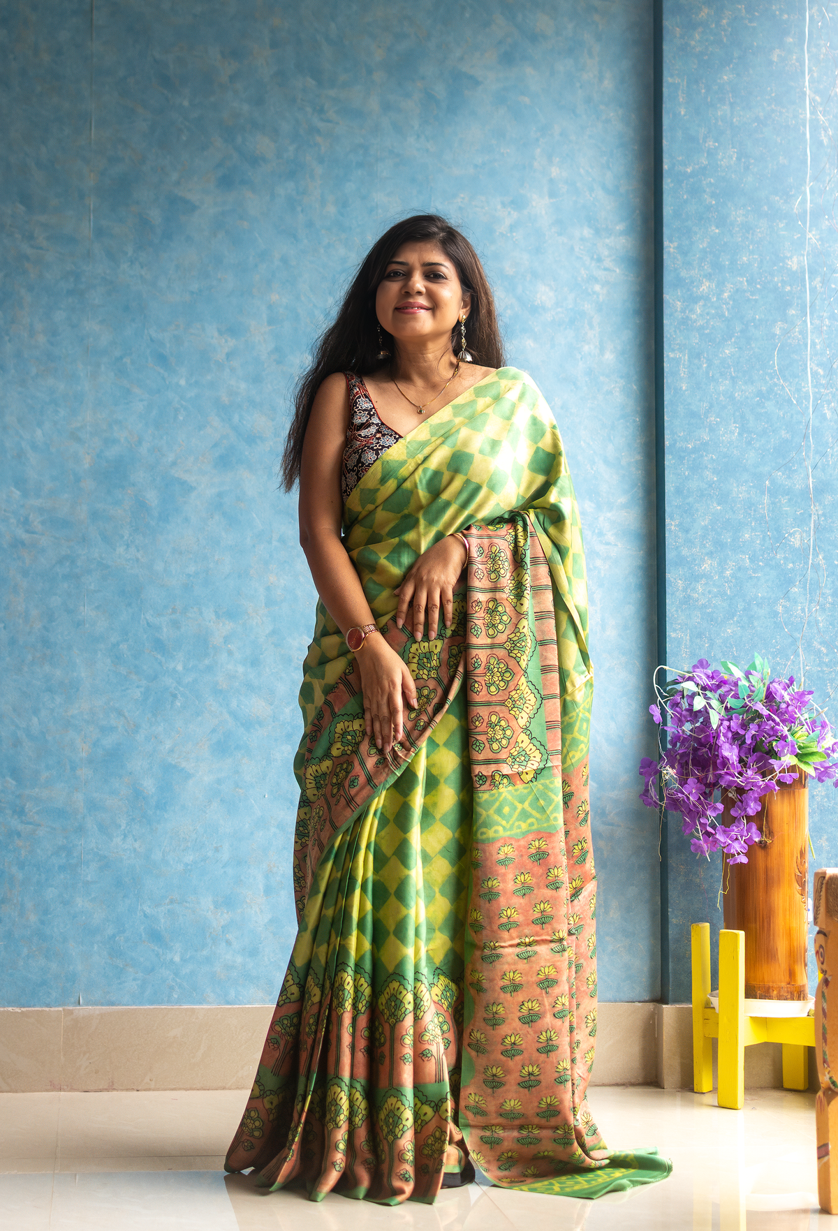 Lime Yellow Modal Tussar Ajrakh Saree — view 3