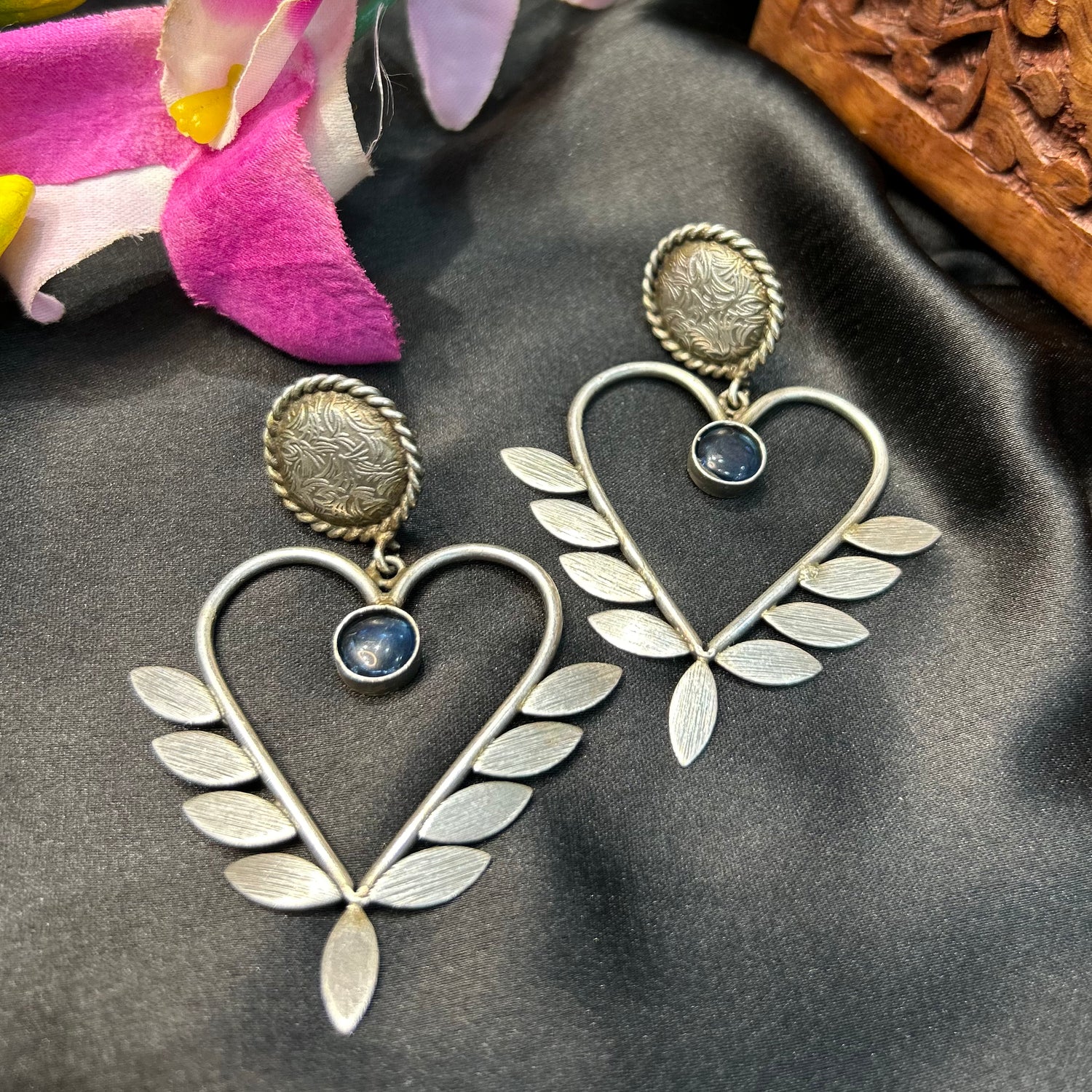 Blue Silver Oxidised Earrings — view 2