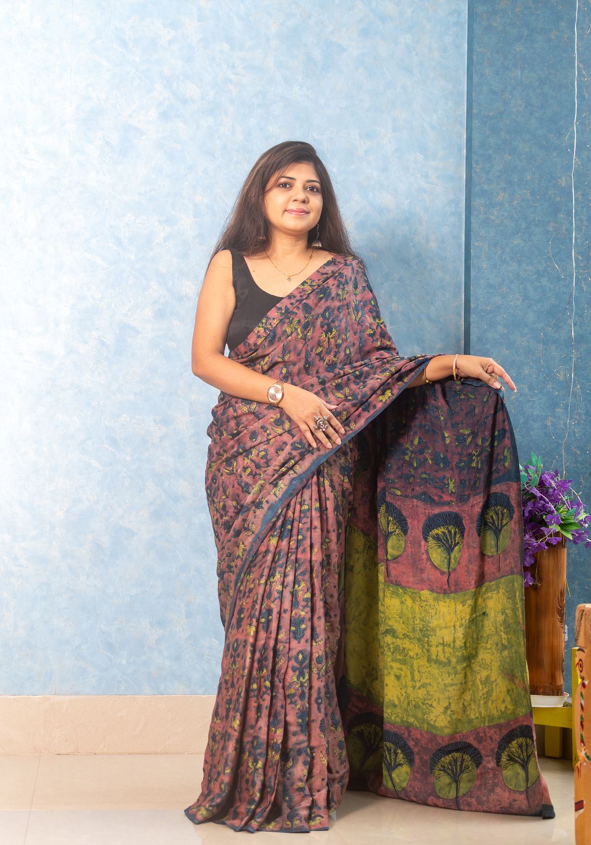 Dusty Rose Modal Tussar Ajrakh Saree — view 3