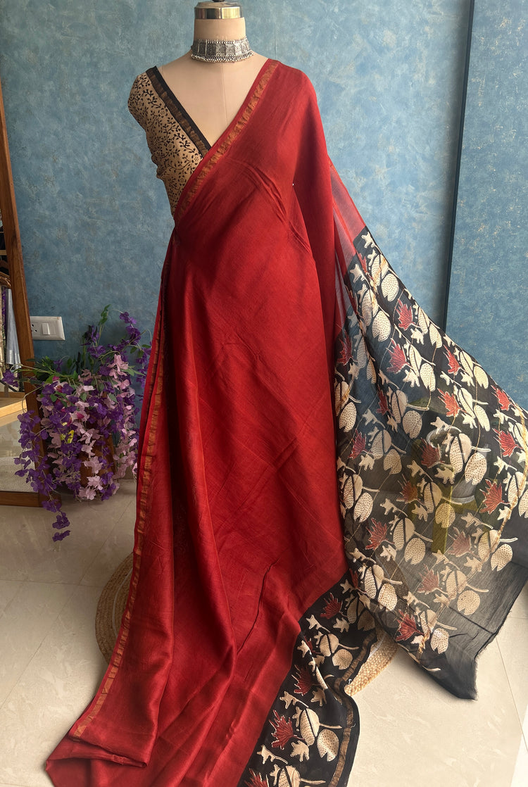 Royal Maroon Hand Block Printed Chanderi Sar