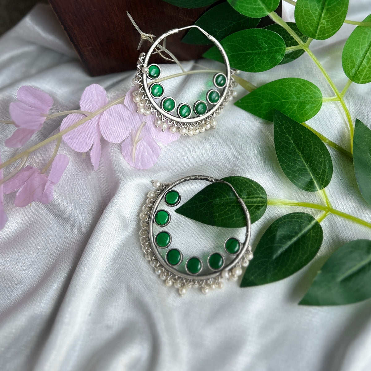 Green Silver Oxidised Earrings — view 2