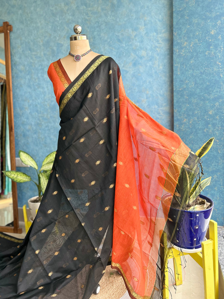 Handwoven Black with Orange Cotton Silk Sari