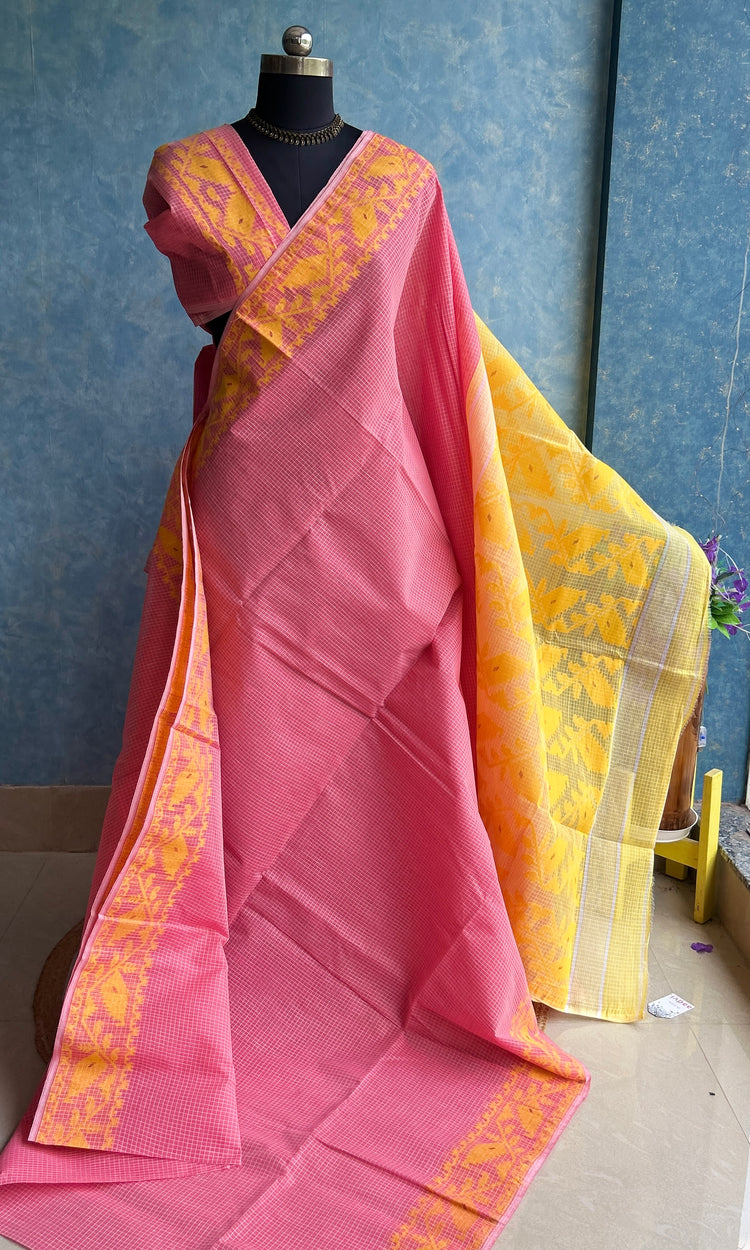Candy Pink - Yellow Semi Hard Dhakai Jamdani
