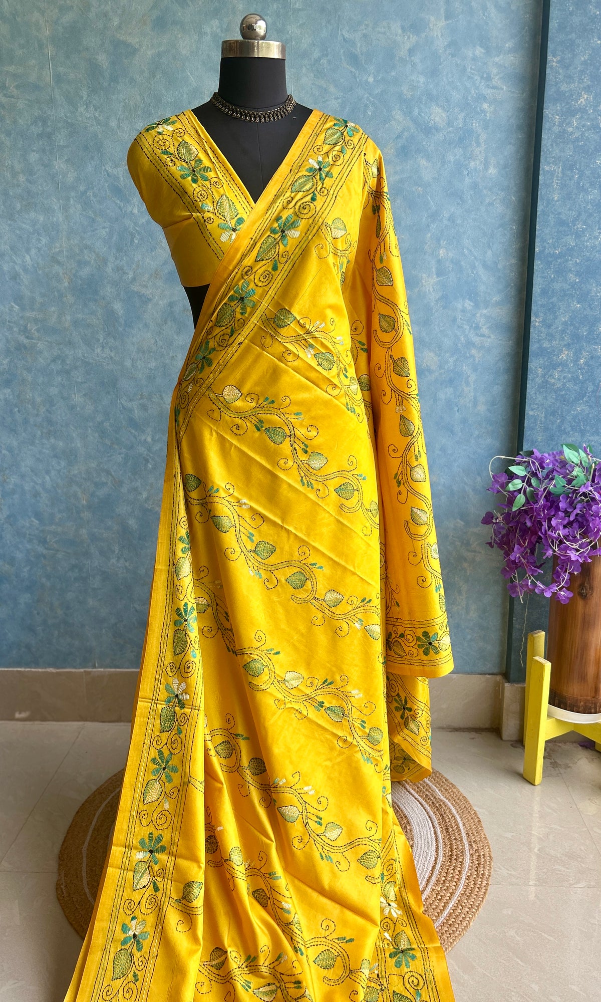 Sunshine Yellow Hand Kantha Saree — view 2