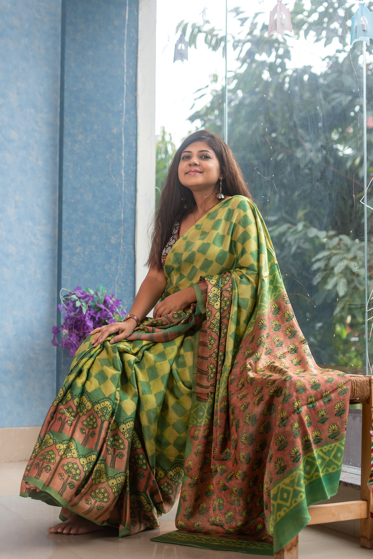Lime Yellow Modal Tussar Ajrakh Saree