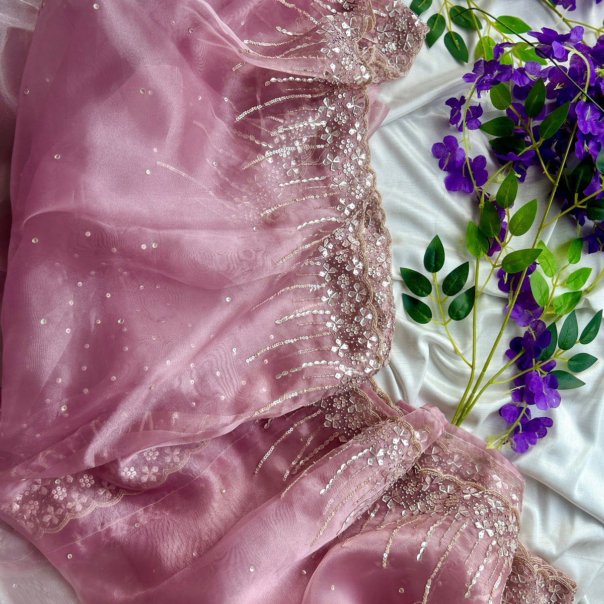 Plum and Perl Colour Hand Embroidery on Organza Sari — view 2