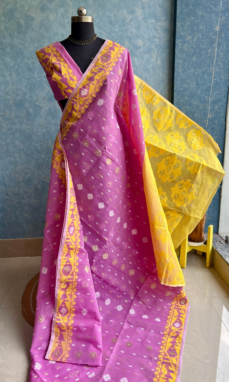 Lavender Pink - Yellow Dhakai Jamdani