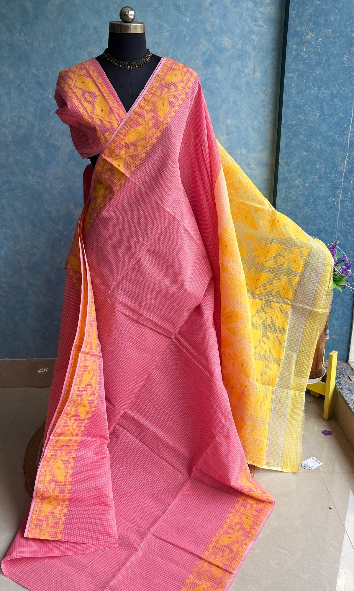Candy Pink - Yellow Semi Hard Dhakai Jamdani