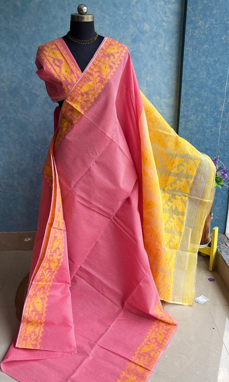 Candy Pink - Yellow Semi Hard Dhakai Jamdani