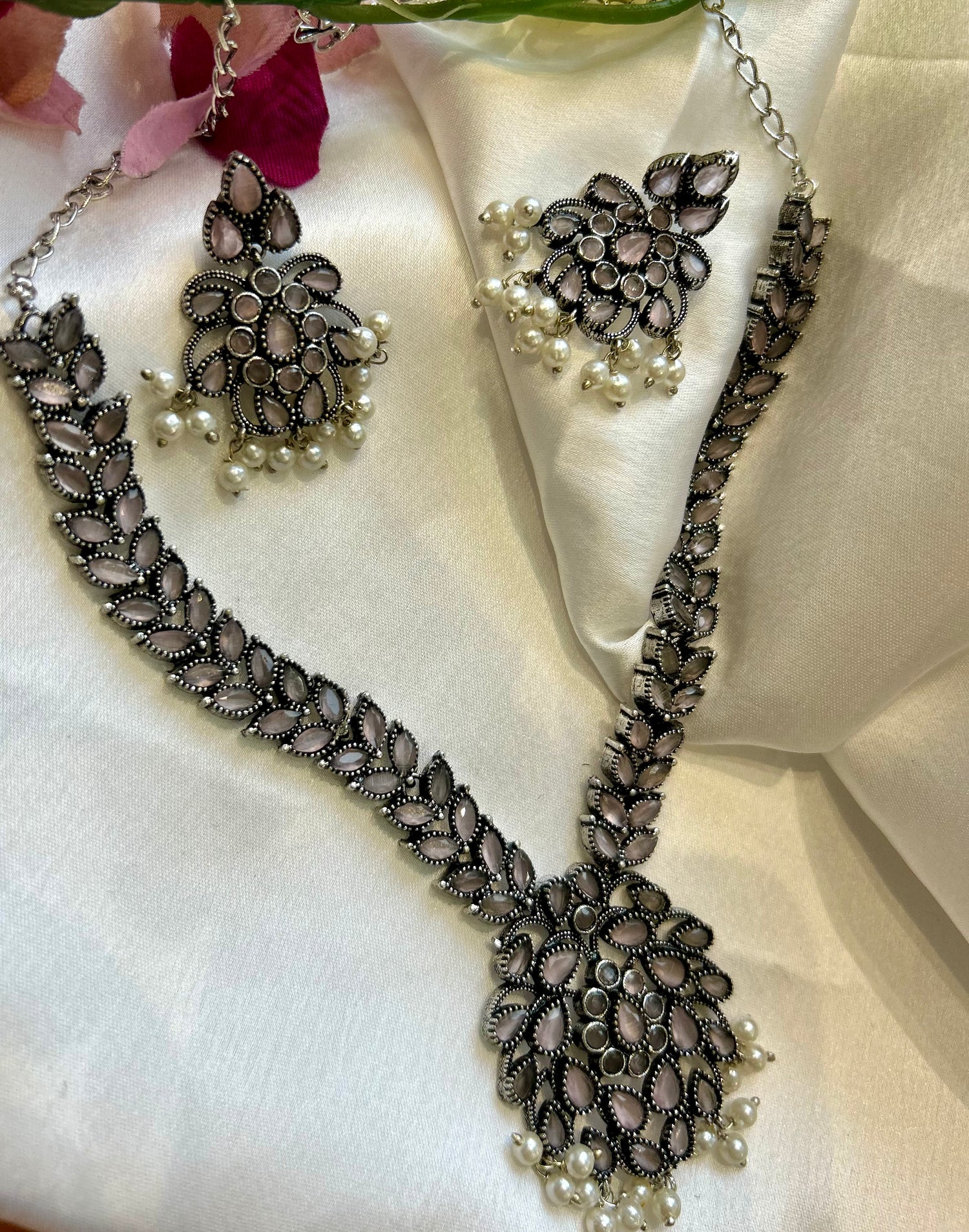 Pastle Pink Stone Oxidised Necklace Set — view 2