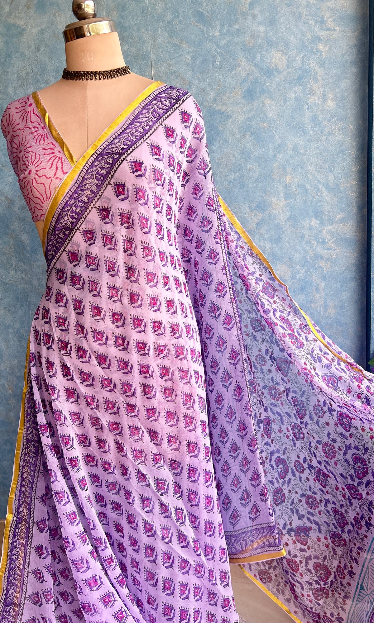 Purple Chiffon Handblock Printed Saree — view 4