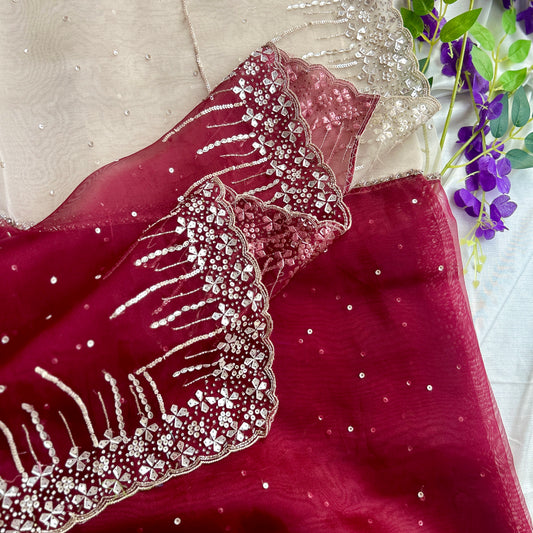 Maroon and Perl Colour Hand Embroidery on Organza Sari