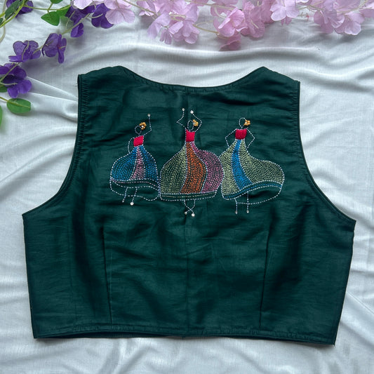 Dark Green Thread Work Cotton Blouse