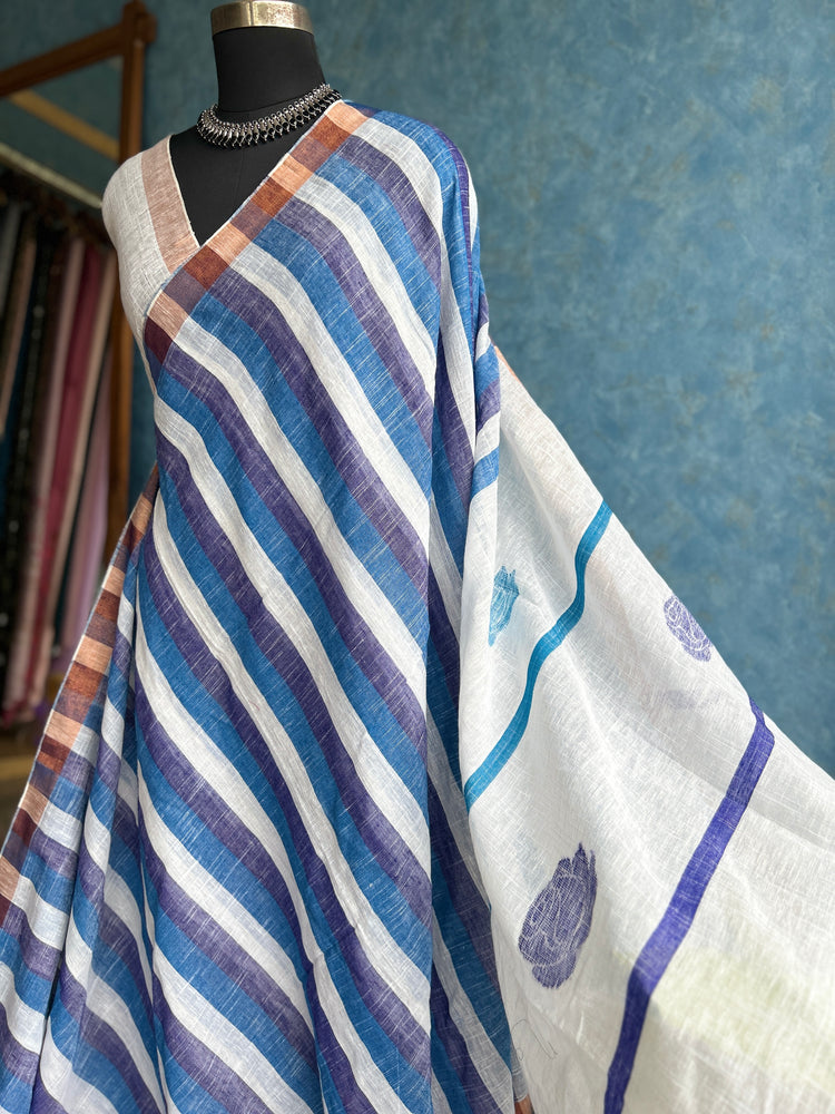 Blue White Linen Handloom Saree