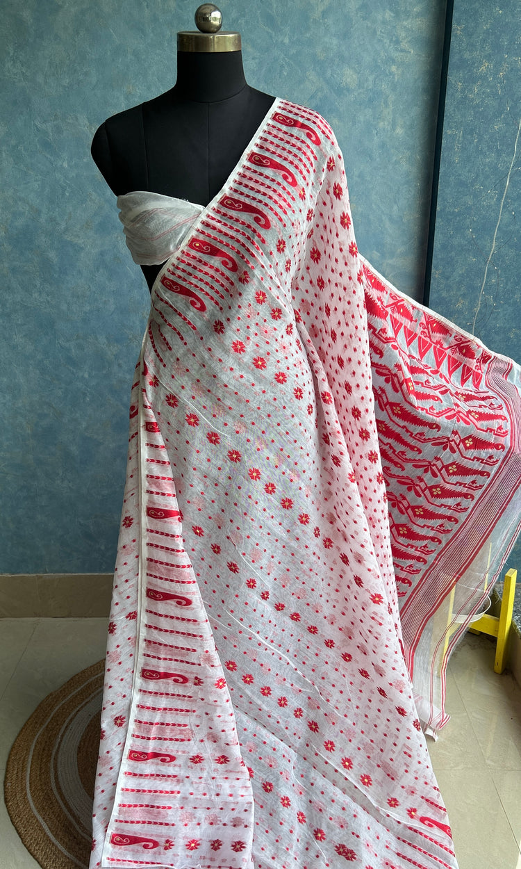 White Red Soft Dhakai Jamdani