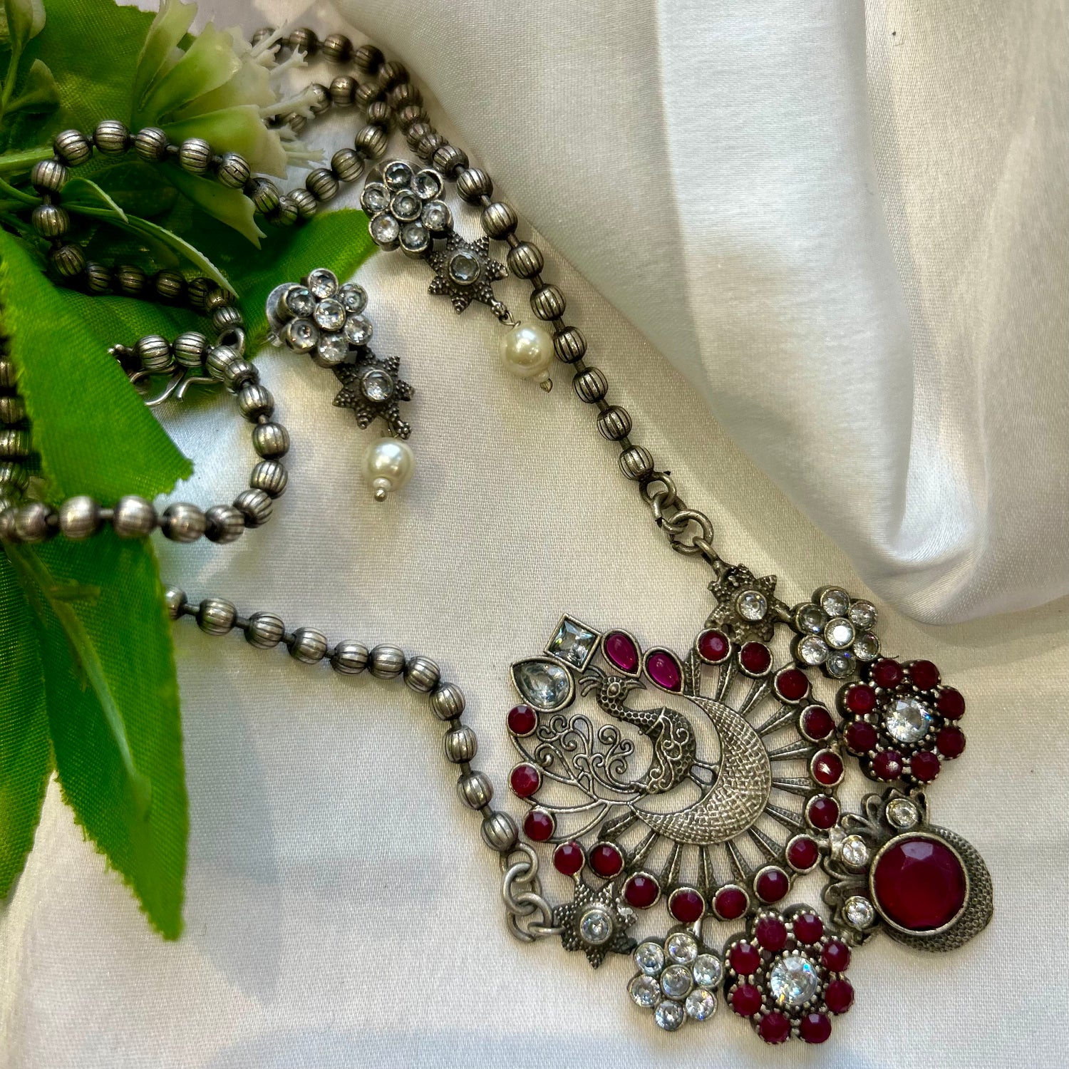 Peacock Pink Stone Oxidised Necklace Set — view 3