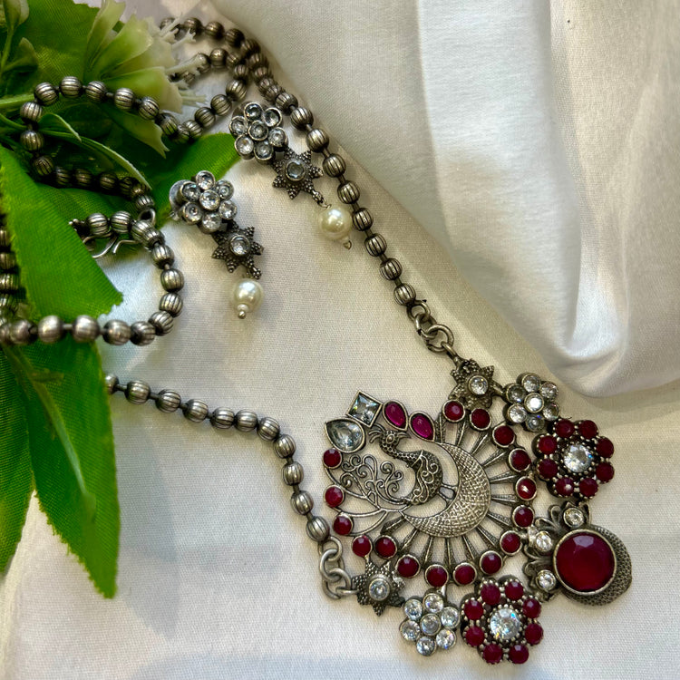 Peacock Pink Stone Oxidised Necklace Set