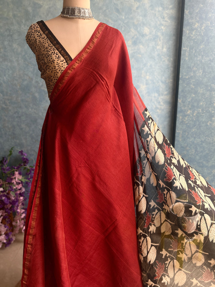 Royal Maroon Hand Block Printed Chanderi Sar