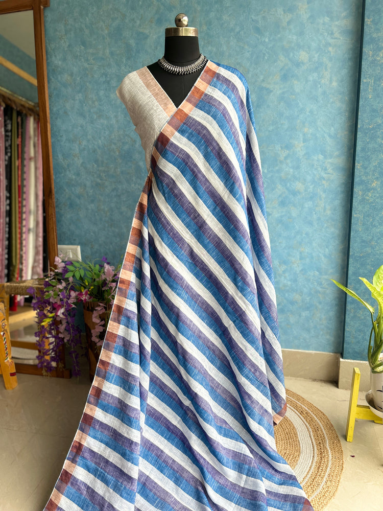 Blue White Linen Handloom Saree