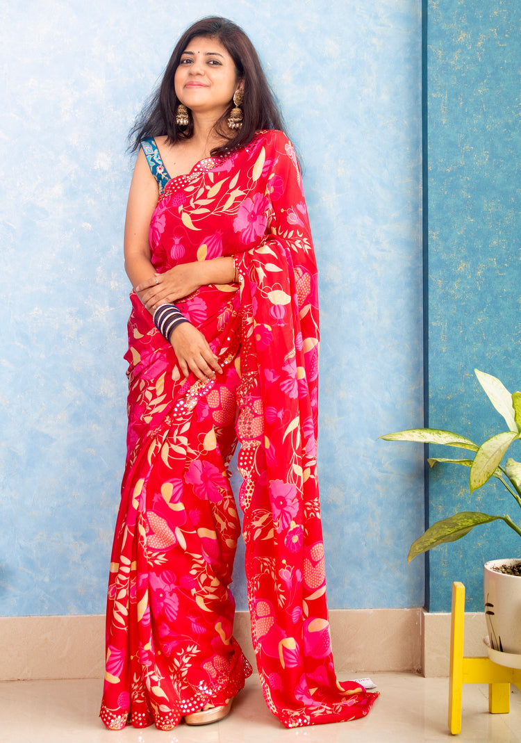 Ruby Pink Crape Saree with Mirror Work and Scallop Border