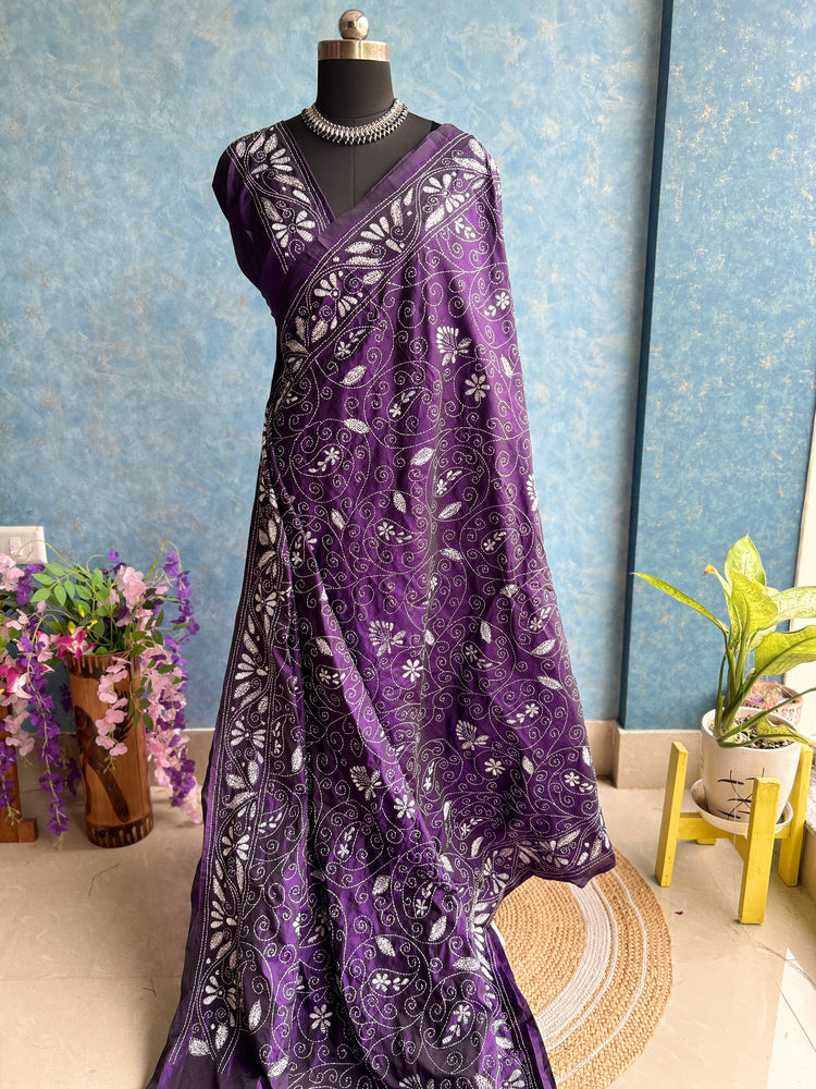 Mauve - Kantha Stitched Blended Silk Saree