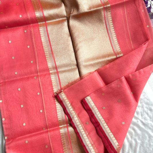 Warm Salmon Pure Kora Banarasi Silk Saree